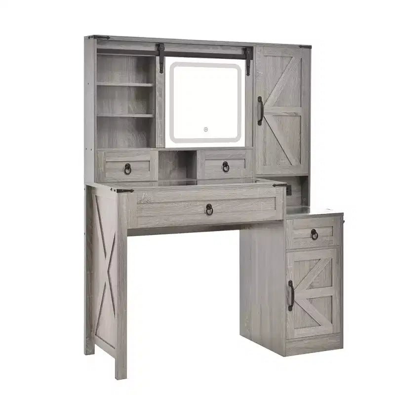 Coiffeuse avec miroir coulissant, plateau en verre, station de charge, 4 tiroirs, 2 armoires, tabouret pour chambre à coucher, Gris