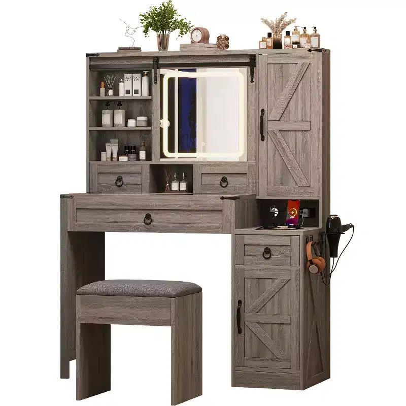Coiffeuse avec miroir coulissant, plateau en verre, station de charge, 4 tiroirs, 2 armoires, tabouret pour chambre à coucher, Gris