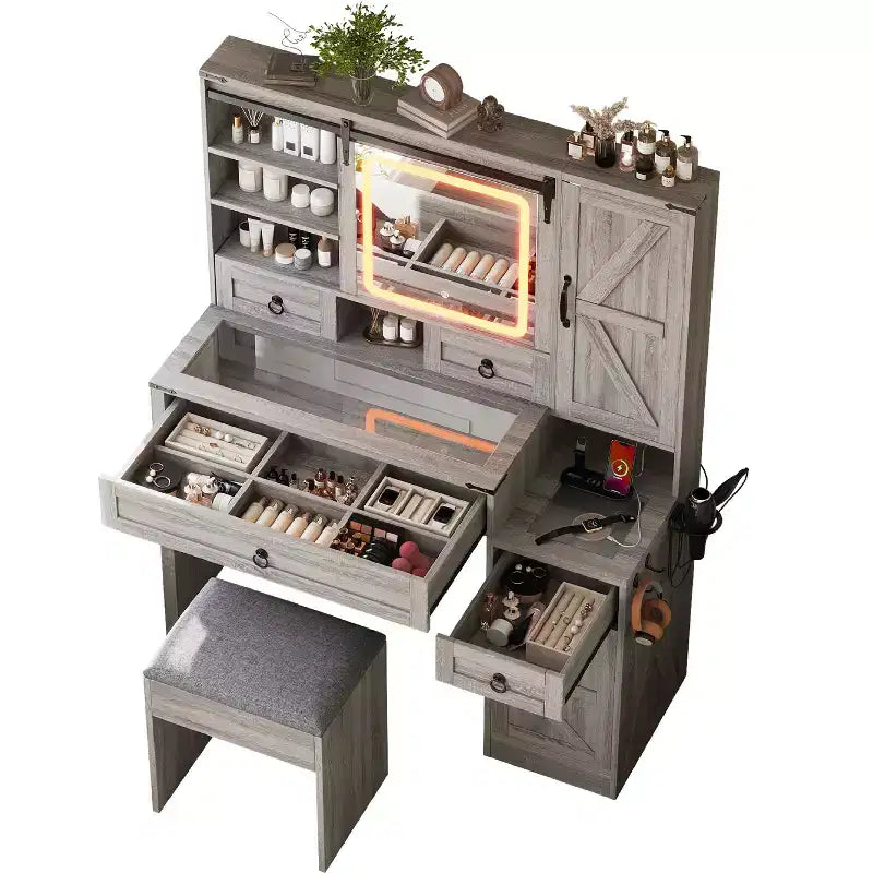 Coiffeuse avec miroir coulissant, plateau en verre, station de charge, 4 tiroirs, 2 armoires, tabouret pour chambre à coucher, Gris
