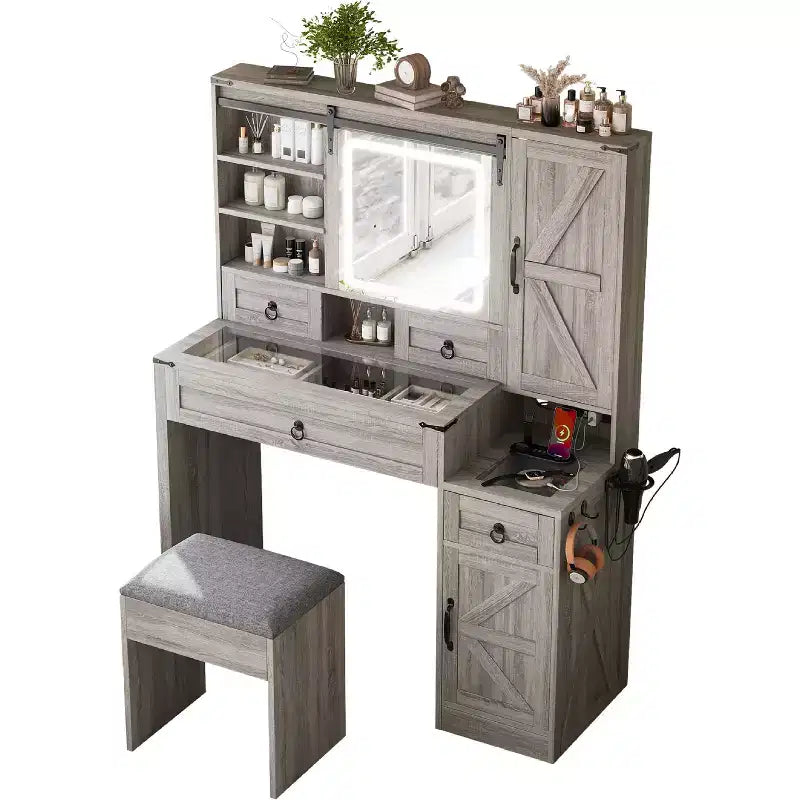 Coiffeuse avec miroir coulissant, plateau en verre, station de charge, 4 tiroirs, 2 armoires, tabouret pour chambre à coucher, Gris