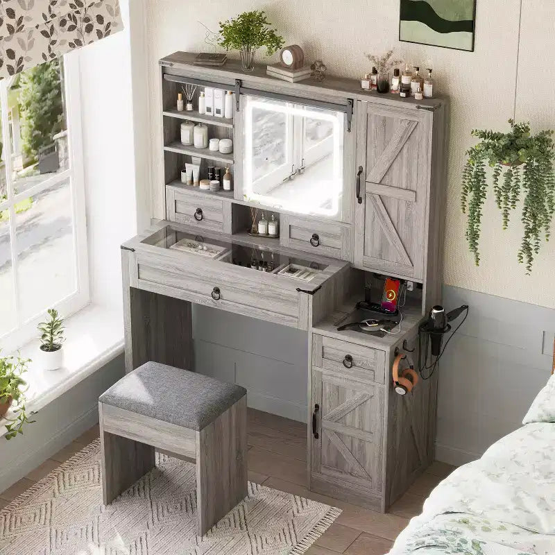Coiffeuse avec miroir coulissant, plateau en verre, station de charge, 4 tiroirs, 2 armoires, tabouret pour chambre à coucher, Gris
