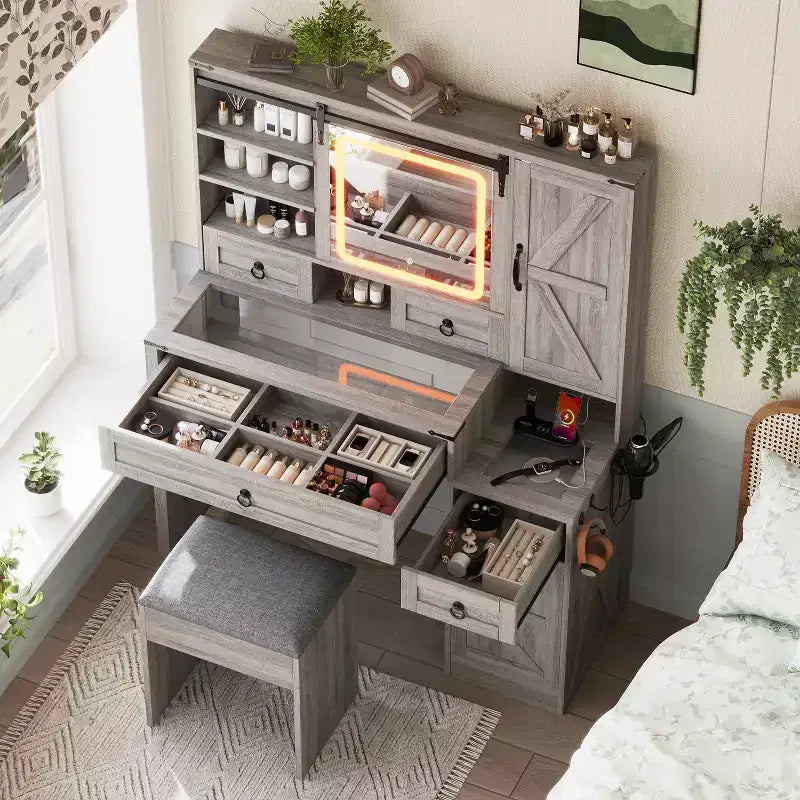 Coiffeuse avec miroir coulissant, plateau en verre, station de charge, 4 tiroirs, 2 armoires, tabouret pour chambre à coucher, Gris