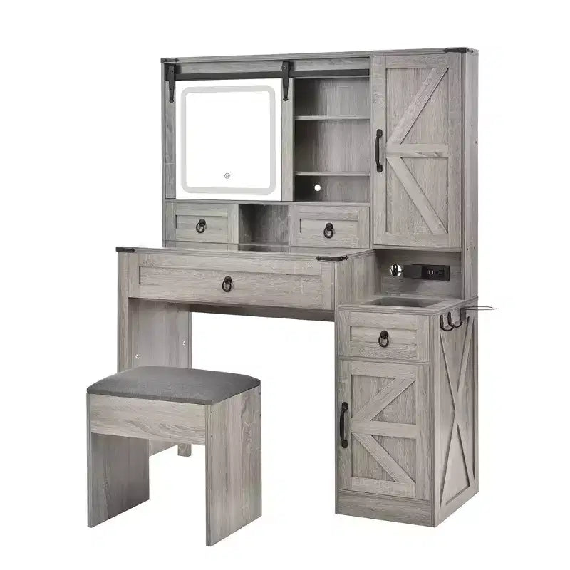 Coiffeuse avec miroir coulissant, plateau en verre, station de charge, 4 tiroirs, 2 armoires, tabouret pour chambre à coucher, Gris