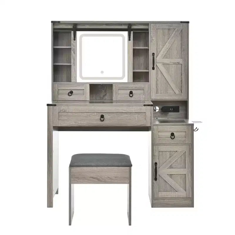 Coiffeuse avec miroir coulissant, plateau en verre, station de charge, 4 tiroirs, 2 armoires, tabouret pour chambre à coucher, Gris