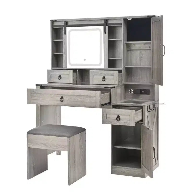 Coiffeuse avec miroir coulissant, plateau en verre, station de charge, 4 tiroirs, 2 armoires, tabouret pour chambre à coucher, Gris