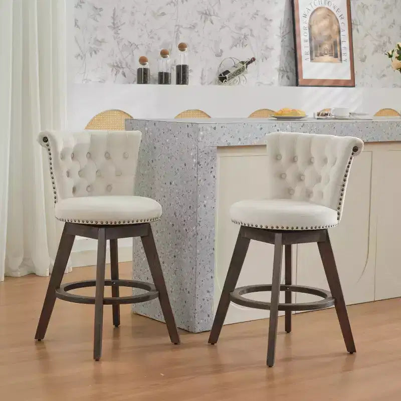 Set of 2 Swivel Counter Height Bar Stools, 25 Seat Height, Upholstered Counter Stools with Wood Legs for Kitchen Island or Home Bar-Panipeachy