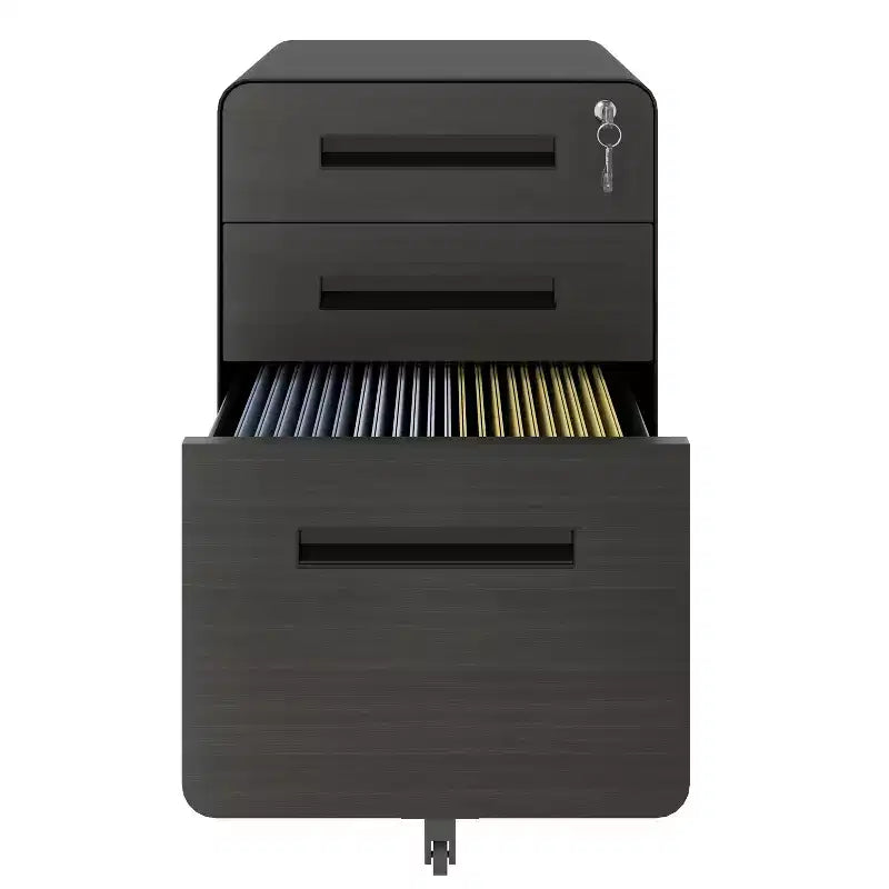 Classeur mobile à 3 tiroirs de 23", en acier laminé à froid noir, verrouillable sous le bureau (5 roulettes anti-basculement pour dossiers A4/Legal/Letter)