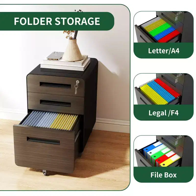 Classeur mobile à 3 tiroirs de 23", en acier laminé à froid noir, verrouillable sous le bureau (5 roulettes anti-basculement pour dossiers A4/Legal/Letter)