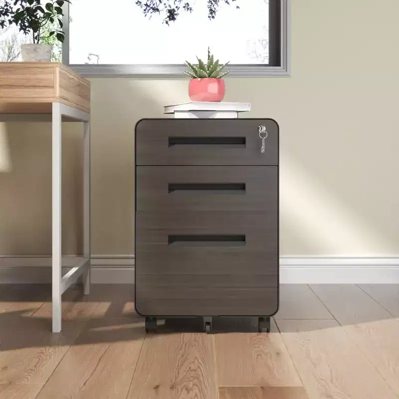 Classeur mobile à 3 tiroirs de 23", en acier laminé à froid noir, verrouillable sous le bureau (5 roulettes anti-basculement pour dossiers A4/Legal/Letter)