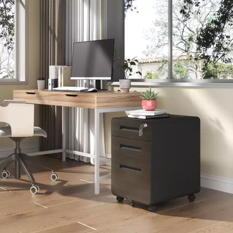 Classeur mobile à 3 tiroirs de 23", en acier laminé à froid noir, verrouillable sous le bureau (5 roulettes anti-basculement pour dossiers A4/Legal/Letter)