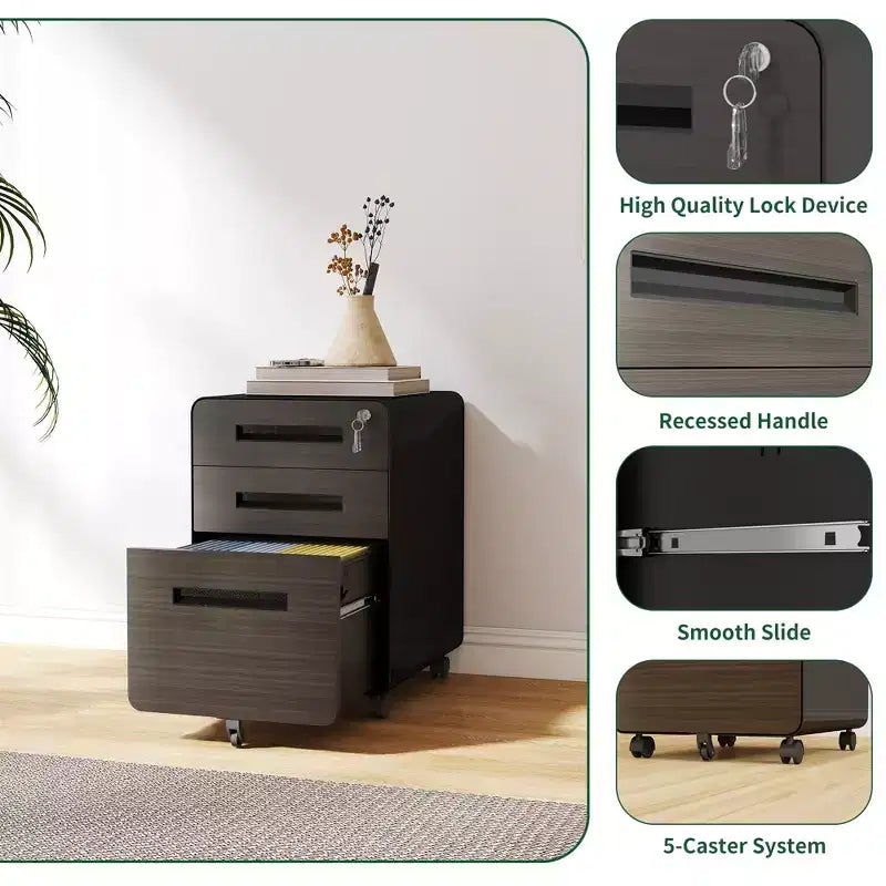 Classeur mobile à 3 tiroirs de 23", en acier laminé à froid noir, verrouillable sous le bureau (5 roulettes anti-basculement pour dossiers A4/Legal/Letter)