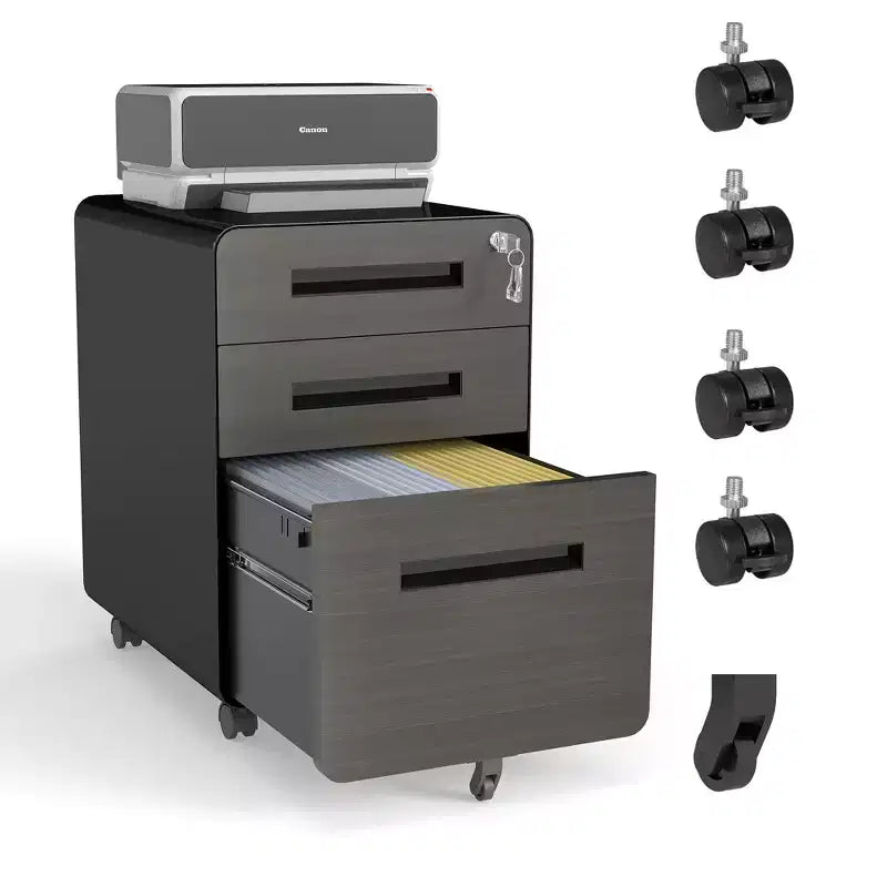 Classeur mobile à 3 tiroirs de 23", en acier laminé à froid noir, verrouillable sous le bureau (5 roulettes anti-basculement pour dossiers A4/Legal/Letter)