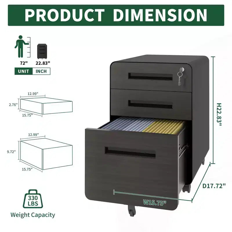 Classeur mobile à 3 tiroirs de 23", en acier laminé à froid noir, verrouillable sous le bureau (5 roulettes anti-basculement pour dossiers A4/Legal/Letter)