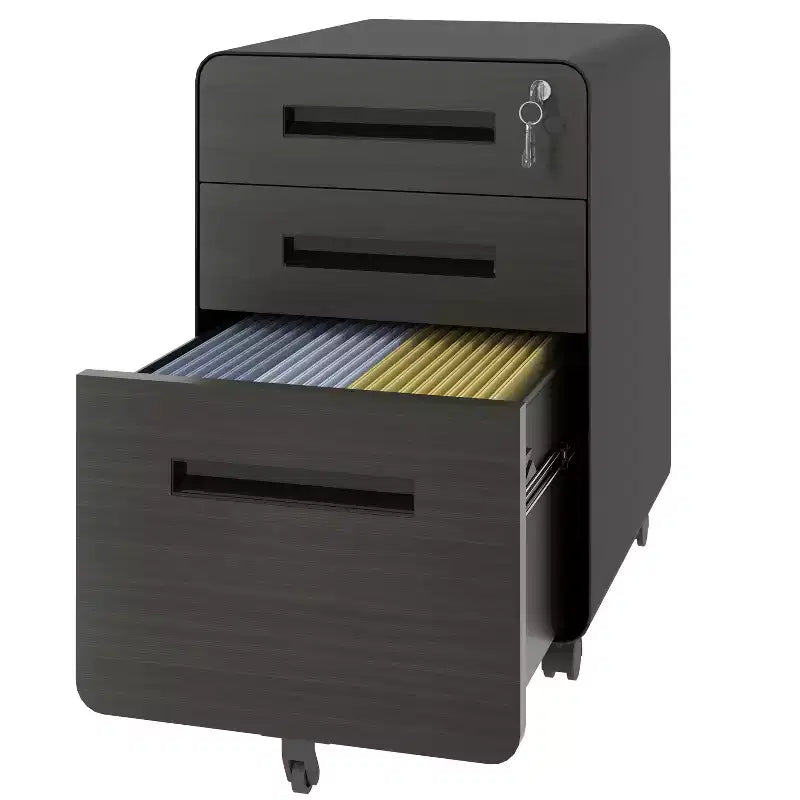 Classeur mobile à 3 tiroirs de 23", en acier laminé à froid noir, verrouillable sous le bureau (5 roulettes anti-basculement pour dossiers A4/Legal/Letter)