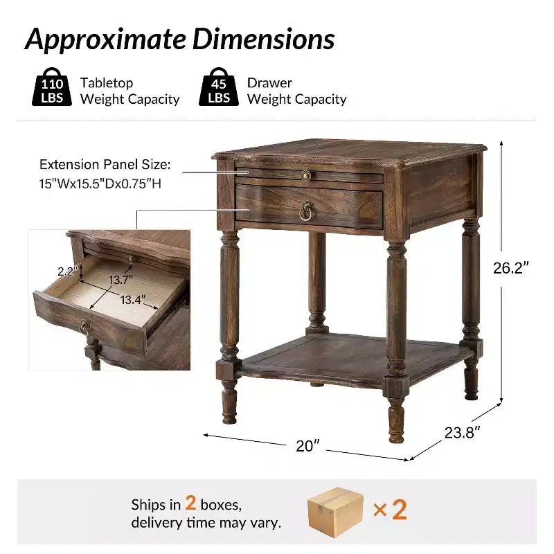 Alex 26 po de haut 1 tiroir Table d'appoint avec station de charge intégrée - Lot de 2 | HULALA HOME