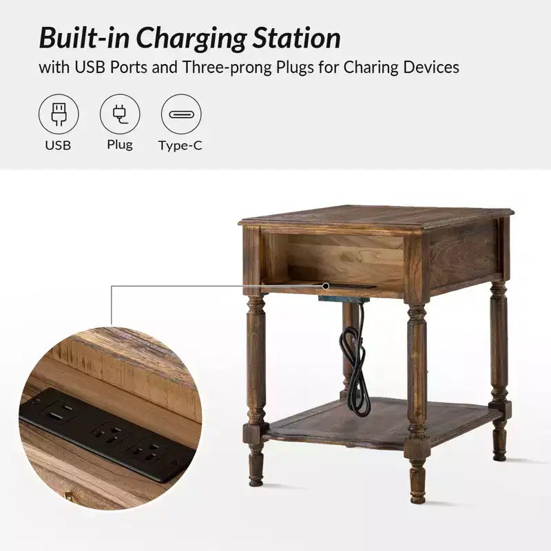 Alex 26 po de haut 1 tiroir Table d'appoint avec station de charge intégrée - Lot de 2 | HULALA HOME