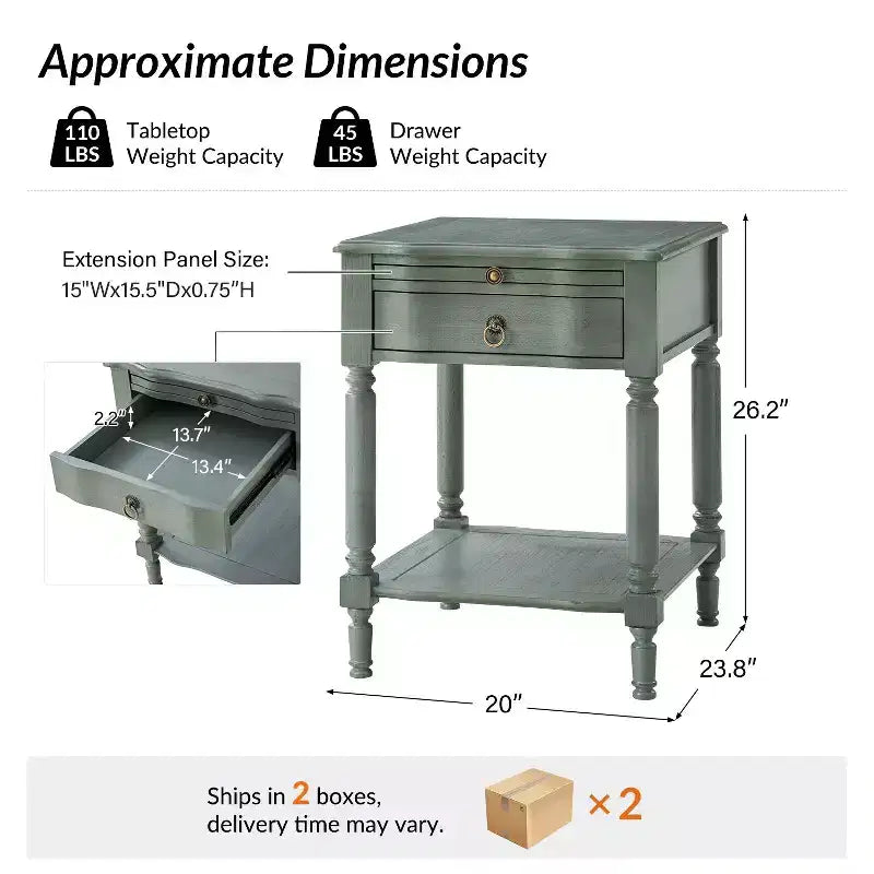 Alex 26 po de haut 1 tiroir Table d'appoint avec station de charge intégrée - Lot de 2 | HULALA HOME