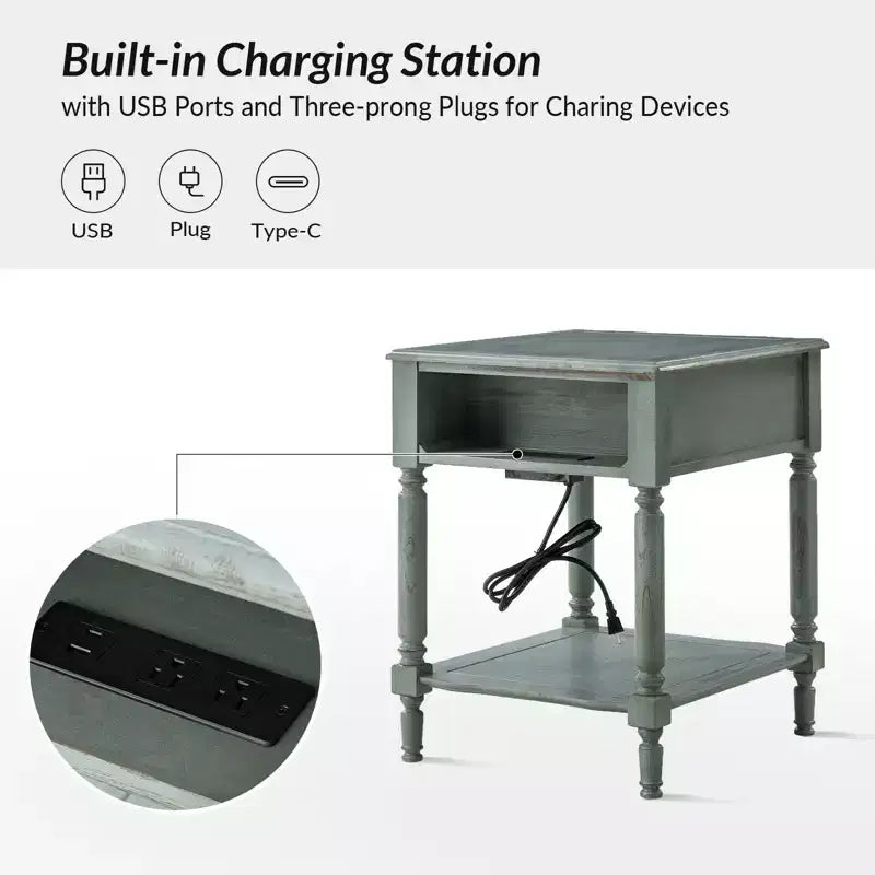 Alex 26 po de haut 1 tiroir Table d'appoint avec station de charge intégrée - Lot de 2 | HULALA HOME