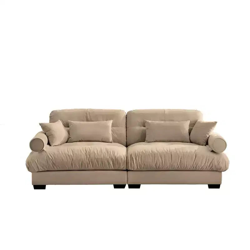 Canapé deux places avec accoudoirs renforcés, coussins lombaires et coussins décoratifs pour salon, couloir, couleur chameau