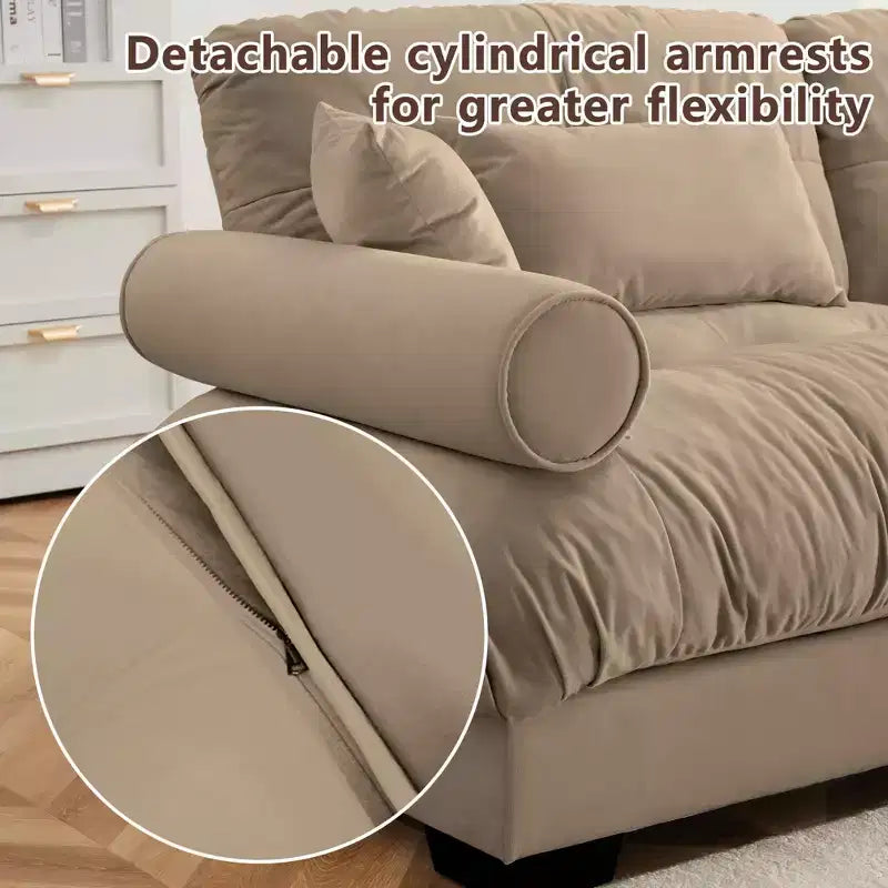 Canapé deux places avec accoudoirs renforcés, coussins lombaires et coussins décoratifs pour salon, couloir, couleur chameau