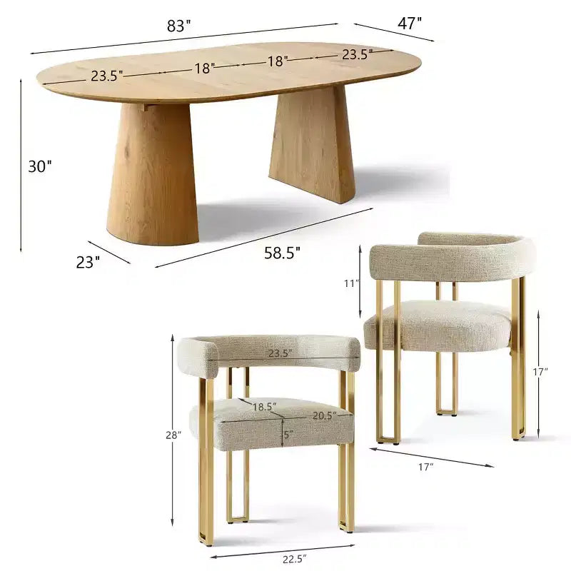 Ensemble de salle à manger extensible 47-83 pour 4 personnes, table en bois naturel et 4 chaises en chenille avec pieds en métal, idéal pour la cuisine-Panipeachy