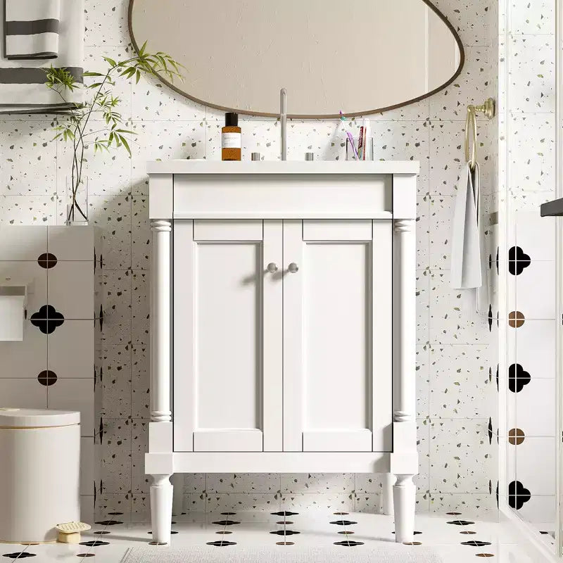 JVNOXK 24-inch Single-Basin Vanity Cabinet with Sink, Double-Tier Modern Bathroom Storage Cabinet, Large-Capacity Storage Shelf, White