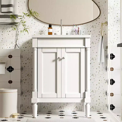JVNOXK 24-inch Single-Basin Vanity Cabinet with Sink, Double-Tier Modern Bathroom Storage Cabinet, Large-Capacity Storage Shelf, White