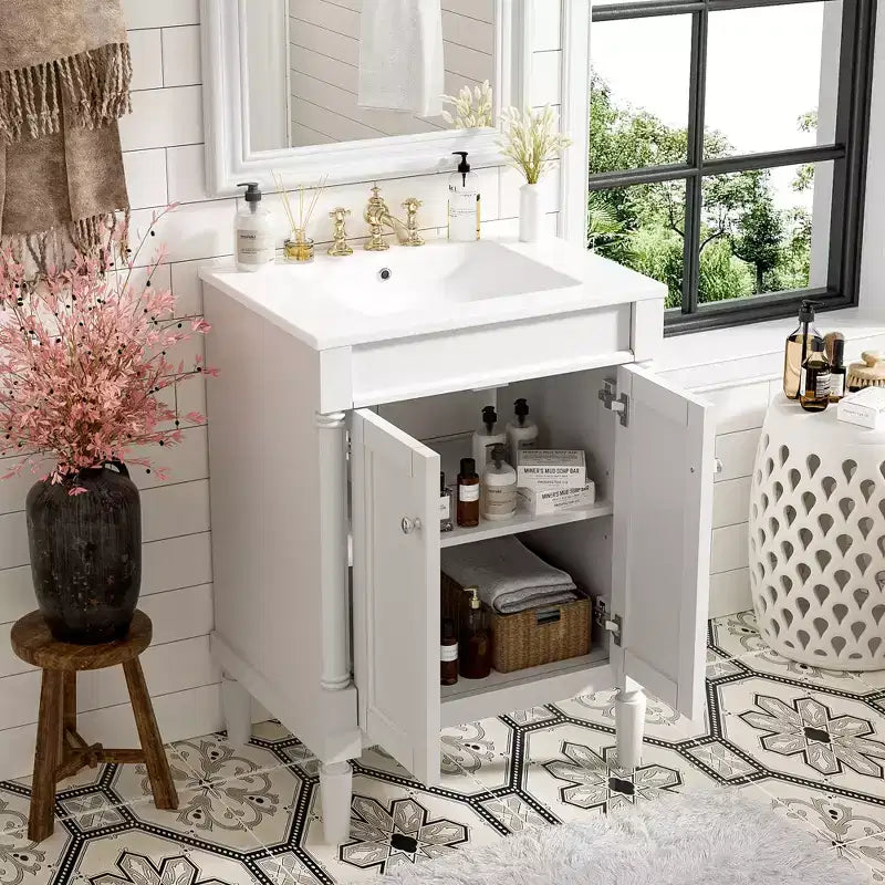 Meuble-lavabo simple vasque de 24 pouces avec évier, meuble de rangement de salle de bain moderne à deux niveaux, étagère de rangement grande capacité, blanc