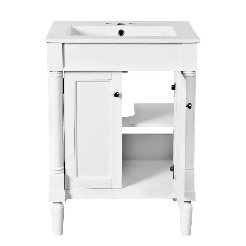 Meuble-lavabo simple vasque de 24 pouces avec évier, meuble de rangement de salle de bain moderne à deux niveaux, étagère de rangement grande capacité, blanc