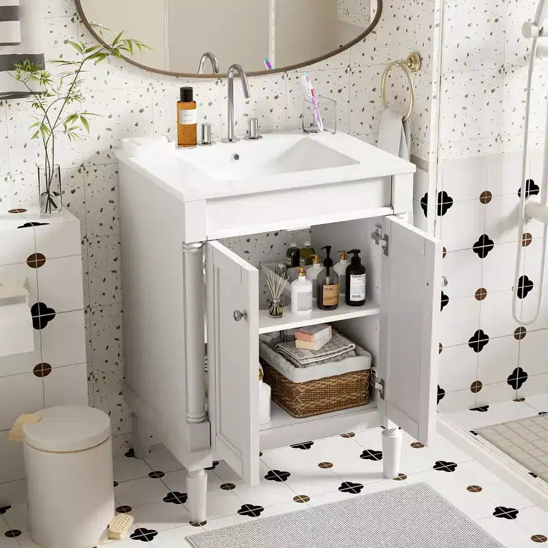 Meuble-lavabo simple vasque de 24 pouces avec évier, meuble de rangement de salle de bain moderne à deux niveaux, étagère de rangement grande capacité, blanc