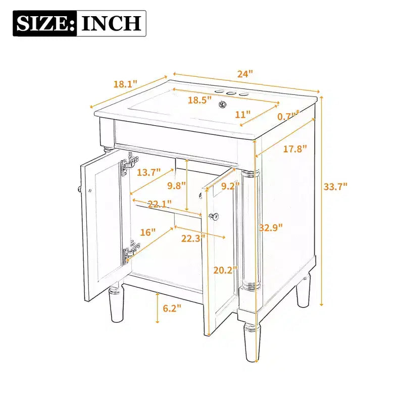 Meuble-lavabo simple vasque de 24 pouces avec évier, meuble de rangement de salle de bain moderne à deux niveaux, étagère de rangement grande capacité, blanc