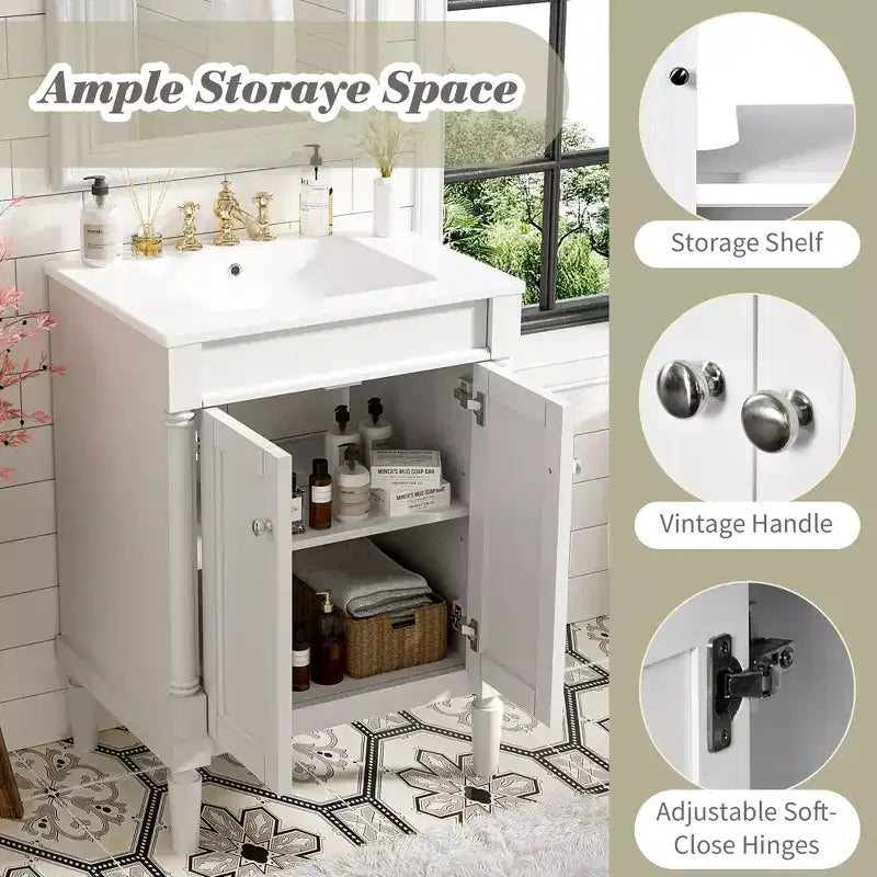 Meuble-lavabo simple vasque de 24 pouces avec évier, meuble de rangement de salle de bain moderne à deux niveaux, étagère de rangement grande capacité, blanc