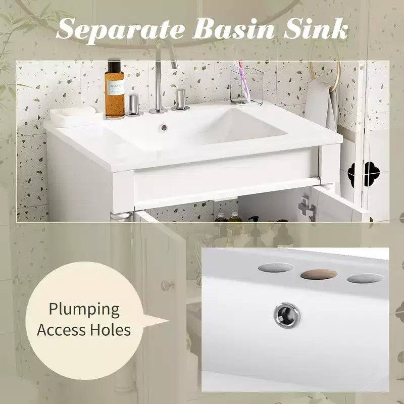 Meuble-lavabo simple vasque de 24 pouces avec évier, meuble de rangement de salle de bain moderne à deux niveaux, étagère de rangement grande capacité, blanc