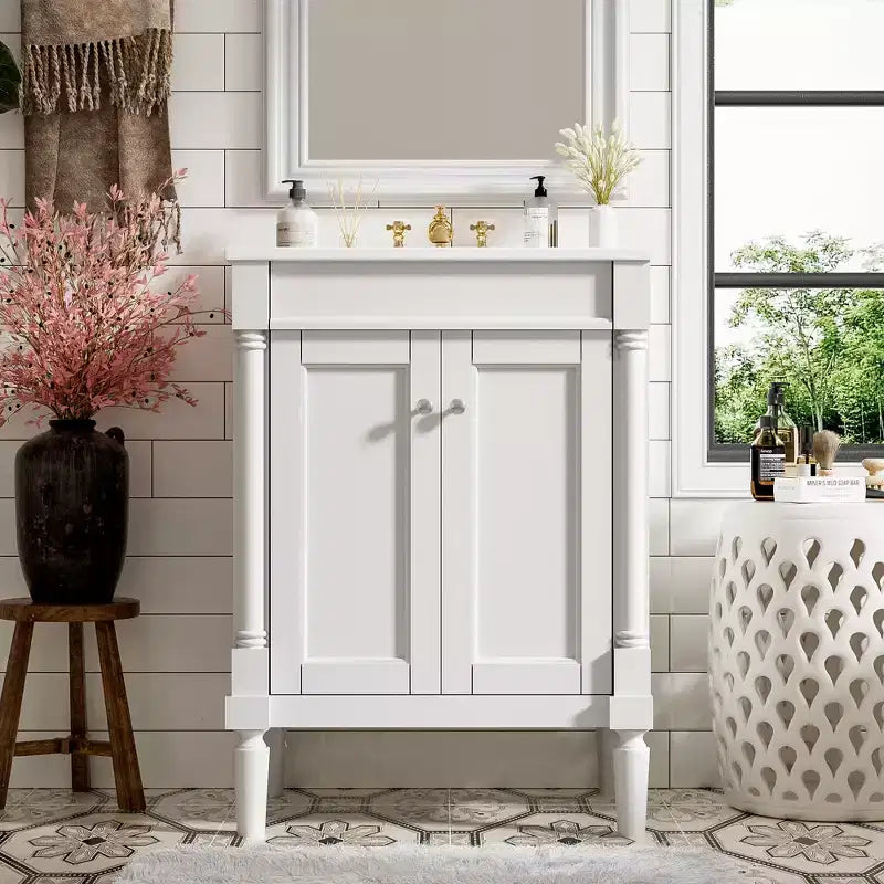 Meuble-lavabo simple vasque de 24 pouces avec évier, meuble de rangement de salle de bain moderne à deux niveaux, étagère de rangement grande capacité, blanc
