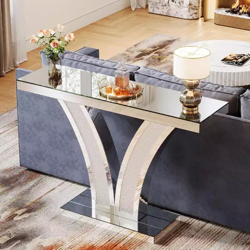 Lantine Mirrored Console Table, Modern Silver Entryway Sofa Table with Crystal Inlay Frames for Living Room, Hallway, Foyer