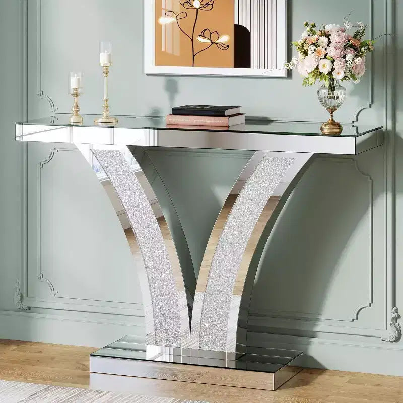 Console effet miroir, table d'entrée moderne argentée avec incrustations de cristal pour le salon, le couloir, le hall d'entrée