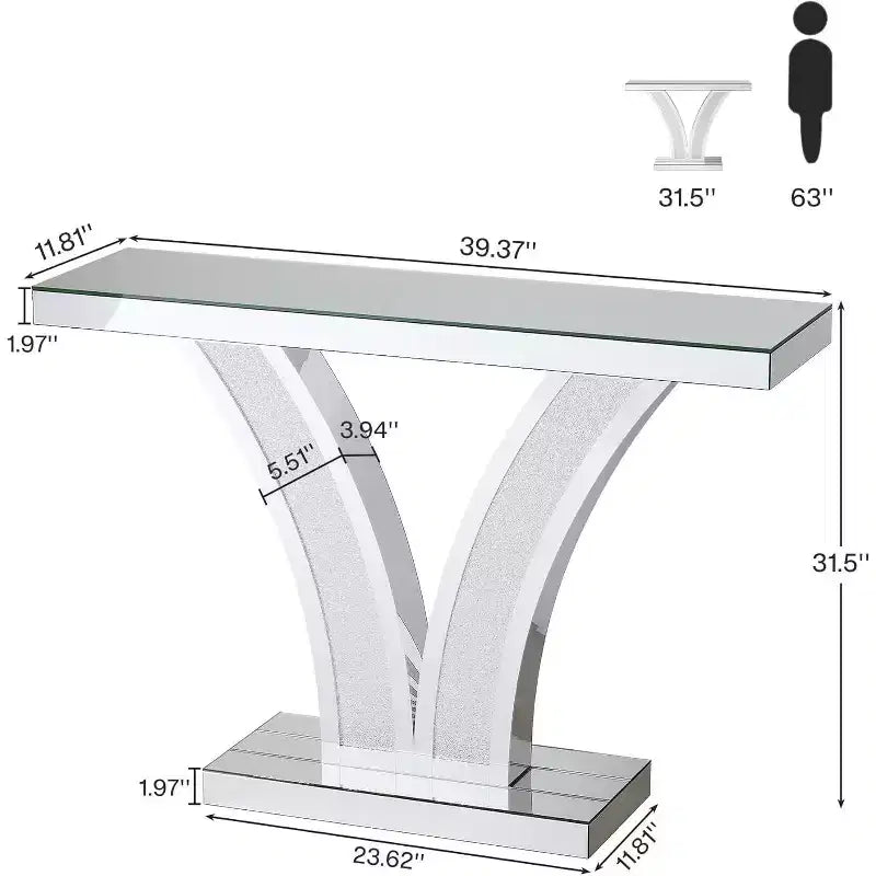 Console effet miroir, table d'entrée moderne argentée avec incrustations de cristal pour le salon, le couloir, le hall d'entrée