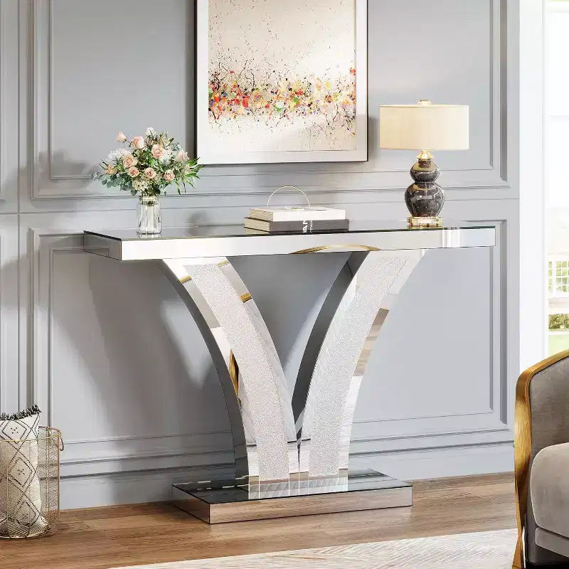 Console effet miroir, table d'entrée moderne argentée avec incrustations de cristal pour le salon, le couloir, le hall d'entrée