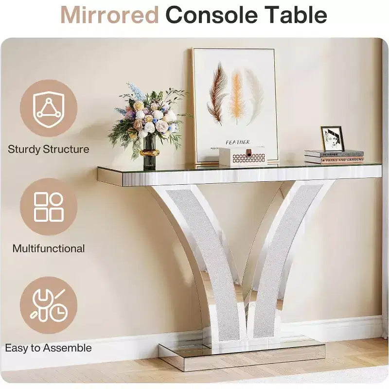 Console effet miroir, table d'entrée moderne argentée avec incrustations de cristal pour le salon, le couloir, le hall d'entrée