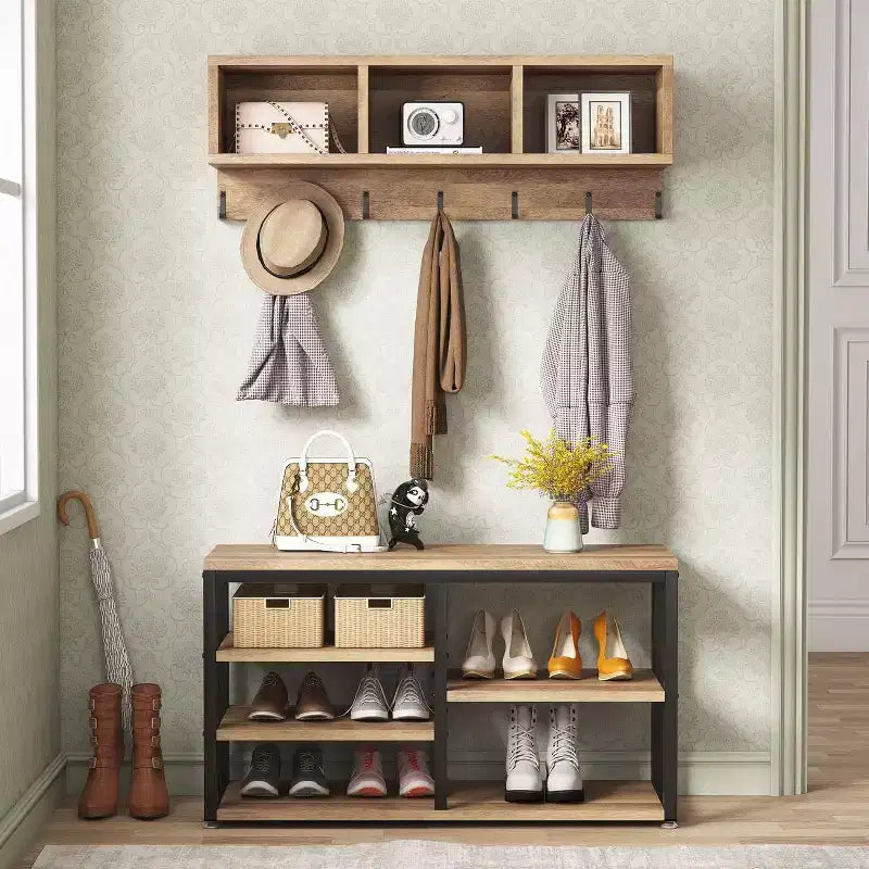 Lantine Coat Rack Set, Hall Tree with Industrial Shoe Bench, 3 Storage Cubbies & 7 Hooks, 5-in-1 Design for Entryway/Hallway, Vintage Oak