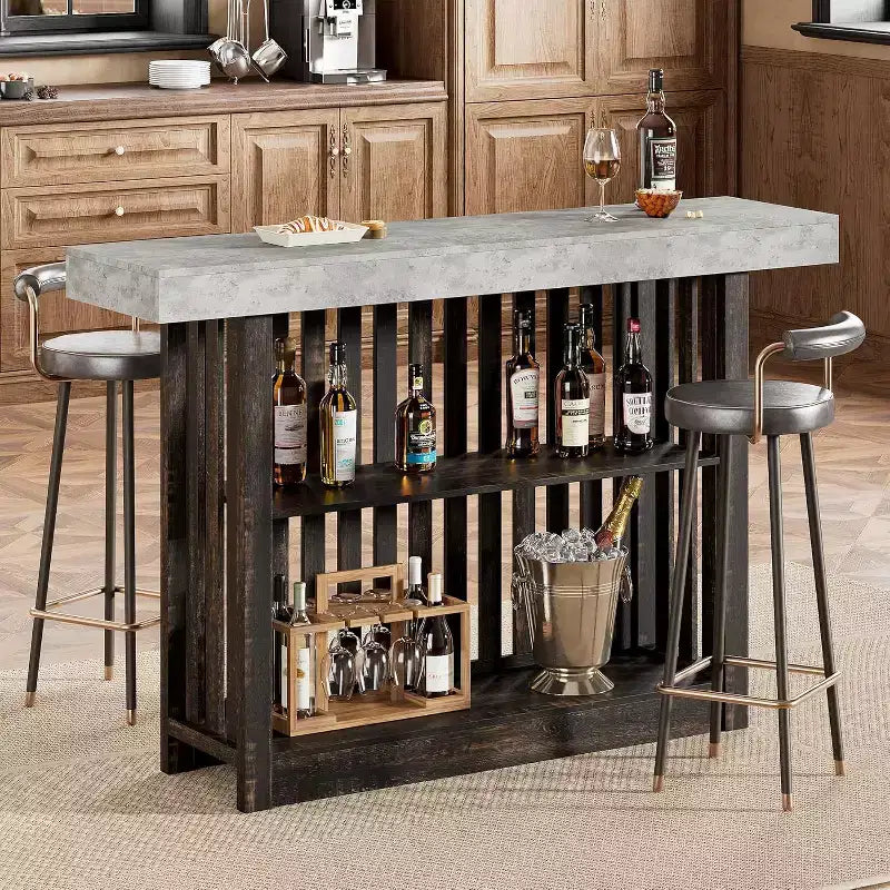 63 Counter Height Bar Table with 2-Tier Storage Shelves, Modern Industrial Dining Table for Restaurant, Bistro, Dining Room