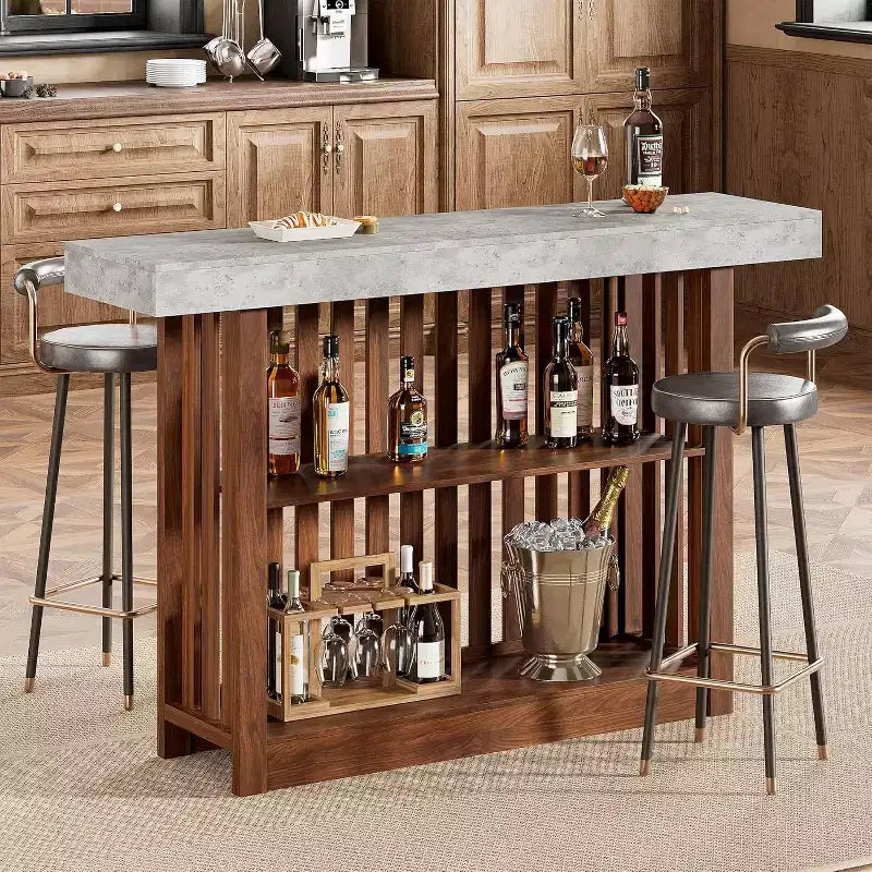 Table de bar de 160 cm de hauteur avec étagères de rangement à 2 niveaux, table à manger industrielle moderne pour restaurant, bistrot, salle à manger