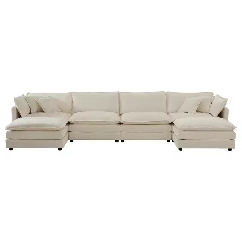 Canapé en U confortable avec méridienne réversible, grand canapé sectionnel en U modulaire avec pouf pour salon, beige