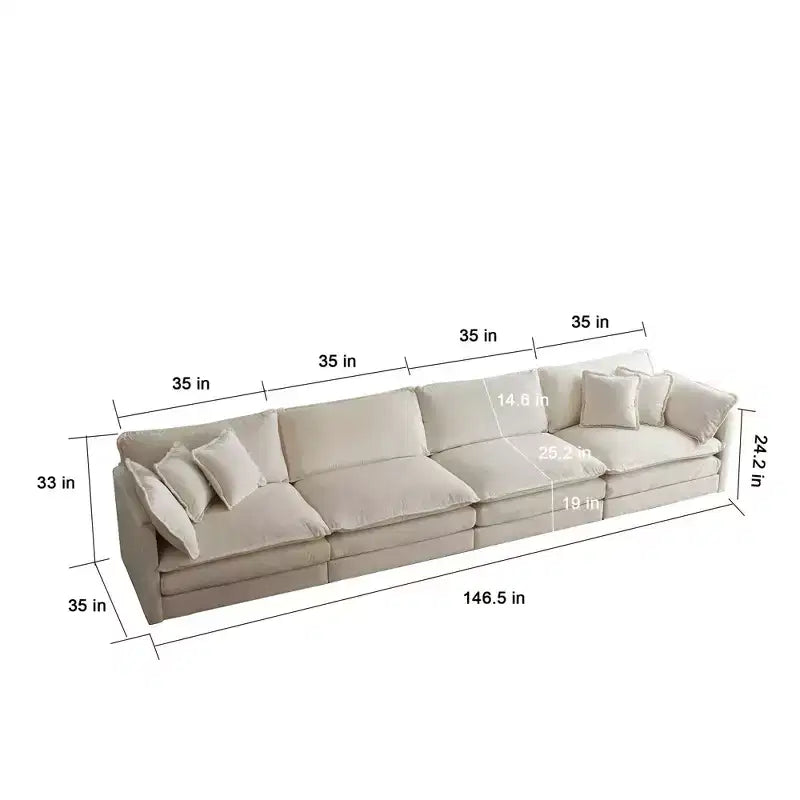 Canapé en U confortable avec méridienne réversible, grand canapé sectionnel en U modulaire avec pouf pour salon, beige