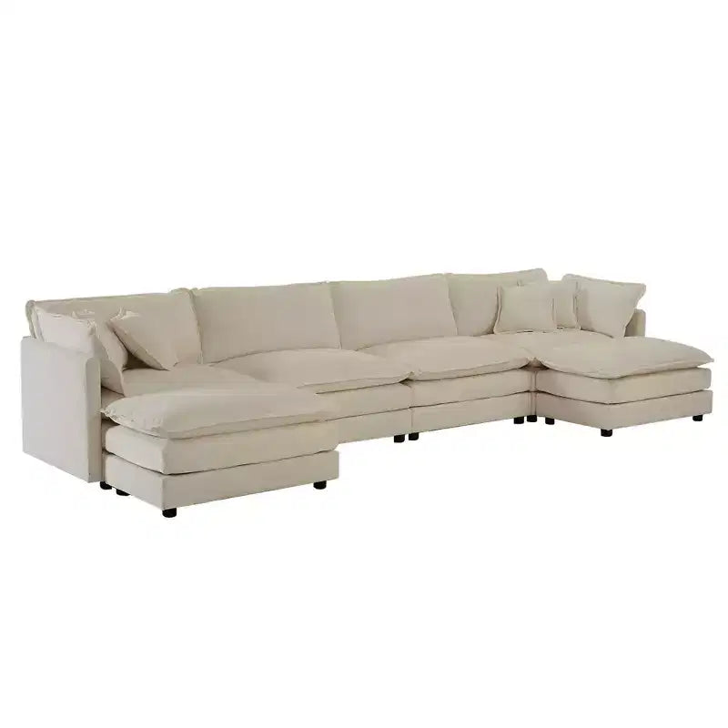 Canapé en U confortable avec méridienne réversible, grand canapé sectionnel en U modulaire avec pouf pour salon, beige