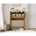 Farmhouse Rattan Shoe Storage Cabinet with 2 Flip Drawers & Wooden Legs - Freestanding Narrow Shoe Rack with Golden Handles for Entryway