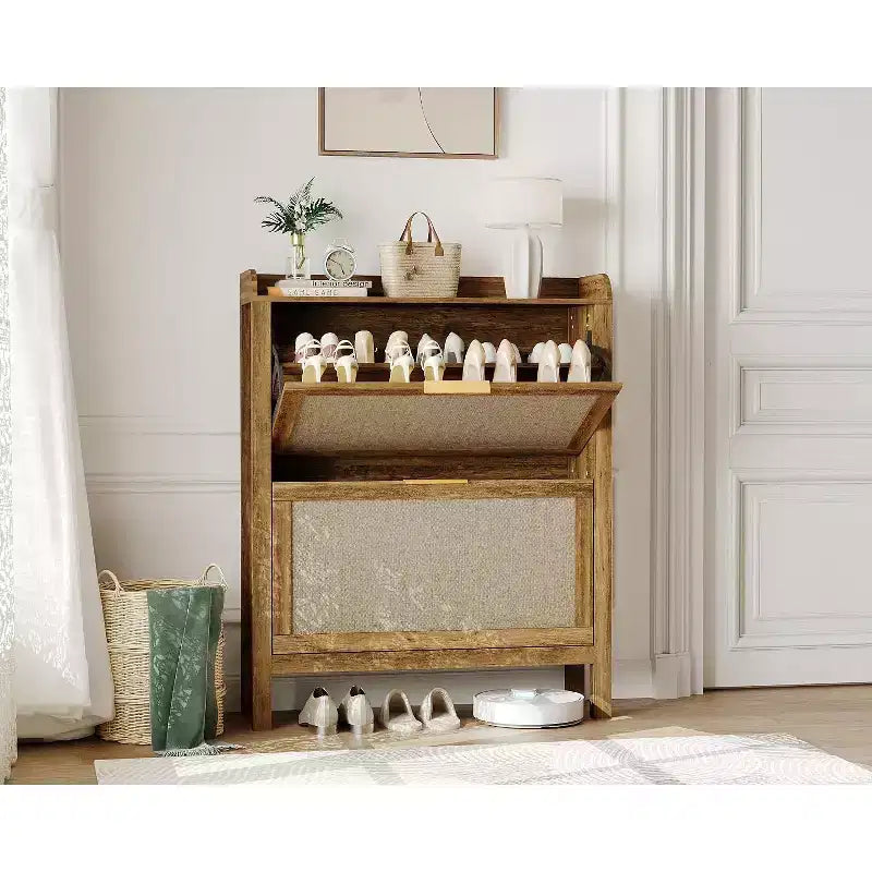 Farmhouse Rattan Shoe Storage Cabinet with 2 Flip Drawers & Wooden Legs - Freestanding Narrow Shoe Rack with Golden Handles for Entryway