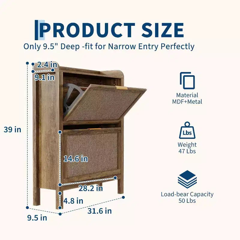 Meuble à chaussures de ferme en rotin avec 2 tiroirs basculants et pieds en bois - Étagère à chaussures étroite autoportante avec poignées dorées pour entrée