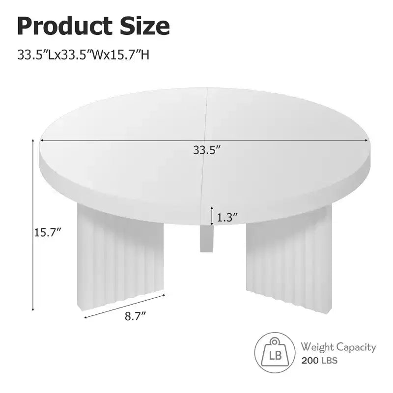 Table basse ronde de 85 cm, table centrale circulaire avec pieds cannelés et plateau de 3,3 cm d'épaisseur, tables d'appoint pour chambre à coucher, salon, montage facile