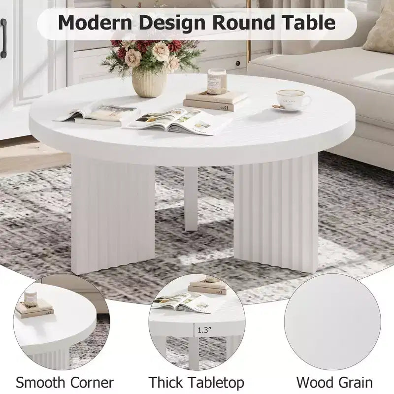 Table basse ronde de 85 cm, table centrale circulaire avec pieds cannelés et plateau de 3,3 cm d'épaisseur, tables d'appoint pour chambre à coucher, salon, montage facile